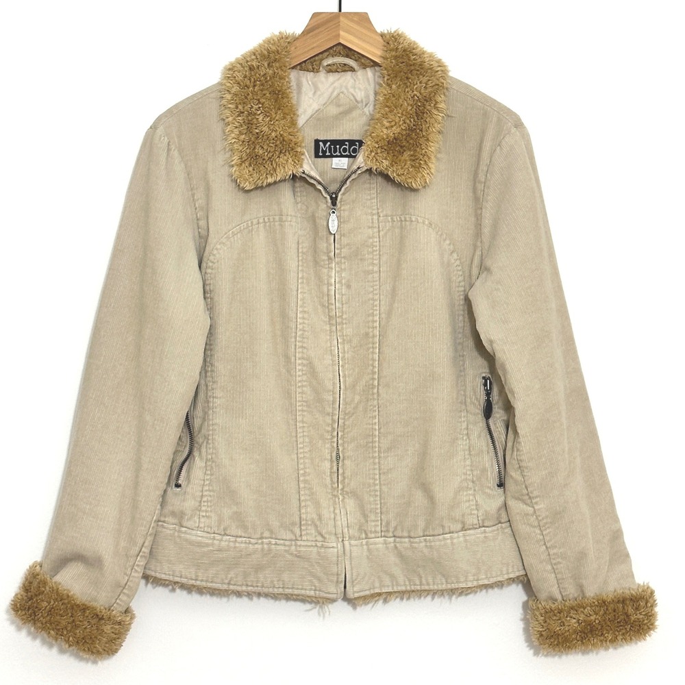 VTG Y2K Womens Jacket XL Tan Corduroy Faux Fur Sherpa Trim Quilted Bratz Indie